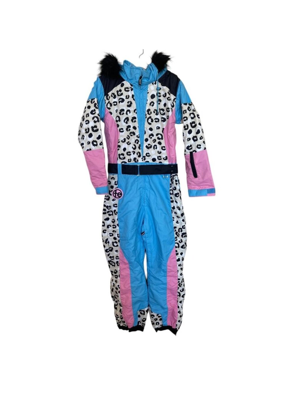 Tipsy Elves Womens Snow Leopard Ski Suit Size Small Blue Pink One Piece Jumpsuit